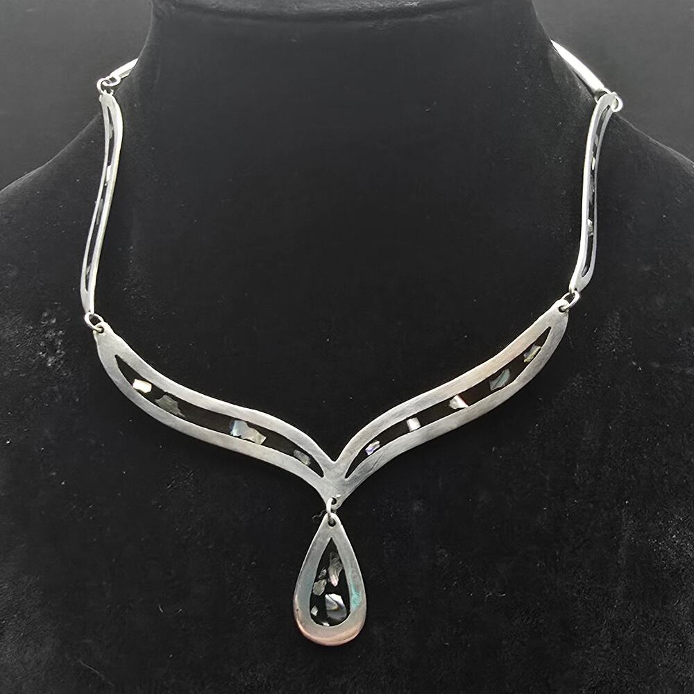 Alapaca Mexico Abalone Shell Inlay Necklace Collar Tear Drop Pendant